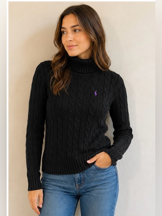 Ralph Lauren Sweaters - Ralph Lauren Sport Women’s Cable Knit Turtleneck Sweater Black Purple Logo Small